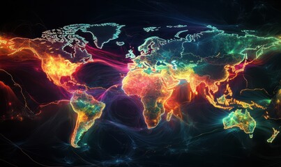 Vibrant global shipping map glowing with interconnected trade routes, representing seamless worldwide logistics.