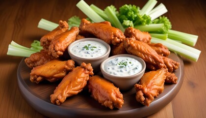 Fototapeta premium Crispy buffalo wings alongside crunchy celery sticks and tangy blue cheese sauce