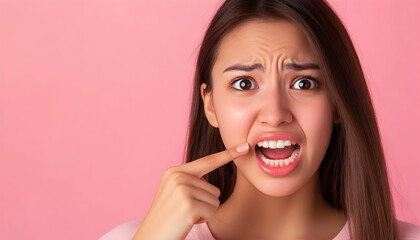 Beautiful young Asian woman pointing at her teeth, isolated on a pink background, facial care concept