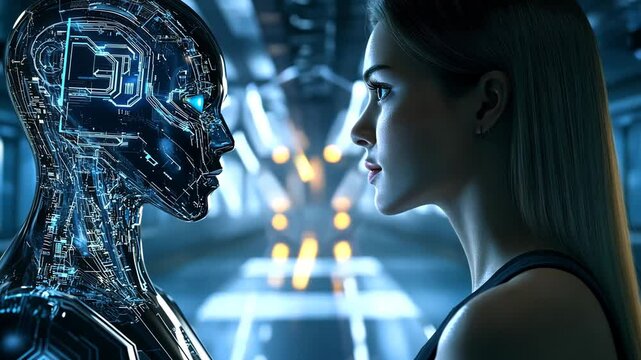 Futuristic concept of artificial intelligence and human interaction, depicting a woman facing a high-tech AI avatar in a cybernetic environment, symbolizing the future of digital twins and technology 
