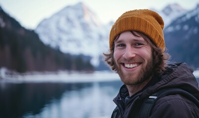 Person in a beanie smiling by a mountain lake