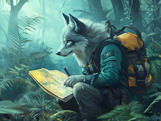 Wolf-Man Reading Map Forest - Adventure, Exploration Concept of Wilderness Journey & Navigation