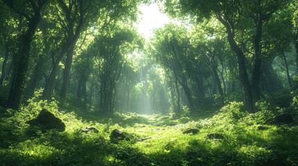 Obraz premium Lush forest pathway, sunlight filtering through trees, tranquil scene, ideal for nature documentaries
