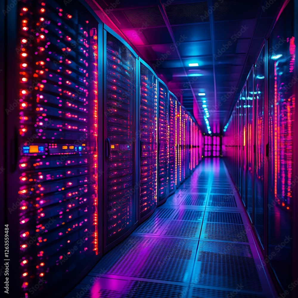 Aufkleber neon-lit server room aisle with rows of data center racks.
