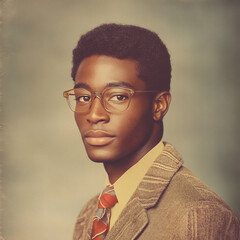 1970s-style yearbook photo of a young black man wearing glasses and a suit and tie