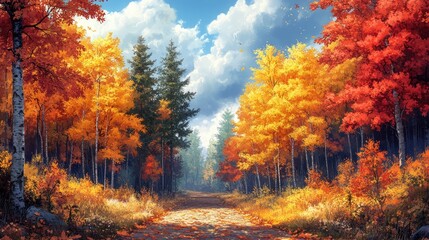 Autumn forest path under a bright sky.  Possible use nature, travel