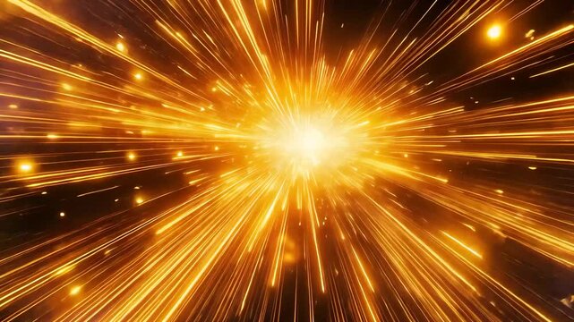 Golden energy explosion with radiant light, cosmic burst, motion, intensity, and futuristic dynamics