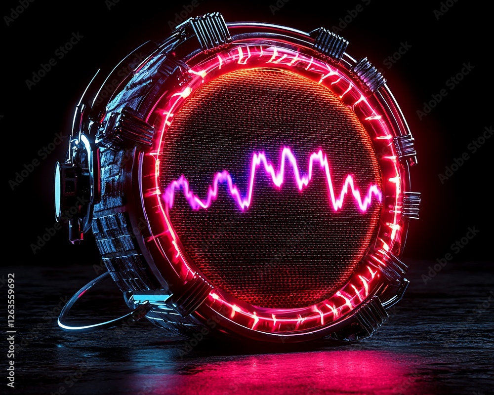 Poster Futuristic device displaying energy wave, dark background; tech concept