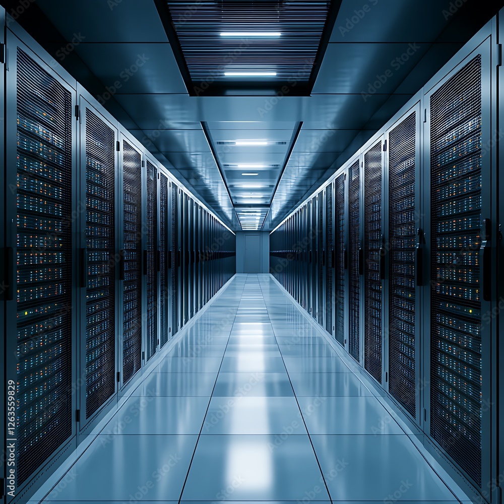 Poster modern server room with rows of data storage racks and glowing lights.
