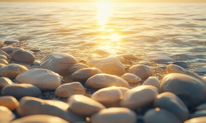 Fototapeta premium Smooth rocks on a quiet shoreline with calm water and golden sunlight, styled to capture a tranquil and meditative atmosphere
