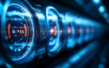 Futuristic digital dashboard displays data, close-up, dark background, tech concept