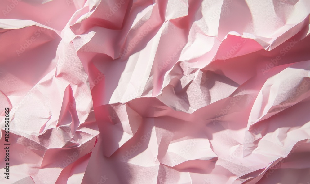 Poster soft pink crumpled paper texture illuminated by subtle shadows, evoking a sense of elegance and simp