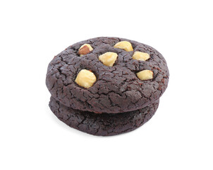 Tasty chocolate cookies with hazelnuts isolated on white
