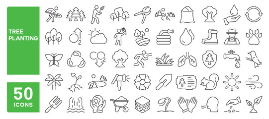 Set of 50 line icons related to tree planting, plant, drought, watering, growing, soil, leaves, botany, forest, green, pine, palm, trees, nature, Editable stroke. Vector illustration