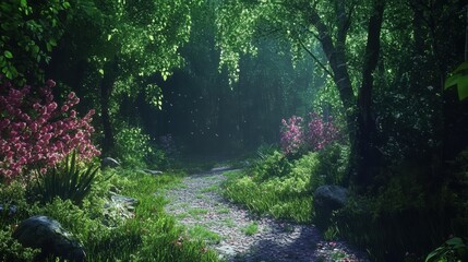 Fototapeta premium A Quiet Forest Path Surrounded by Lush Foliage.