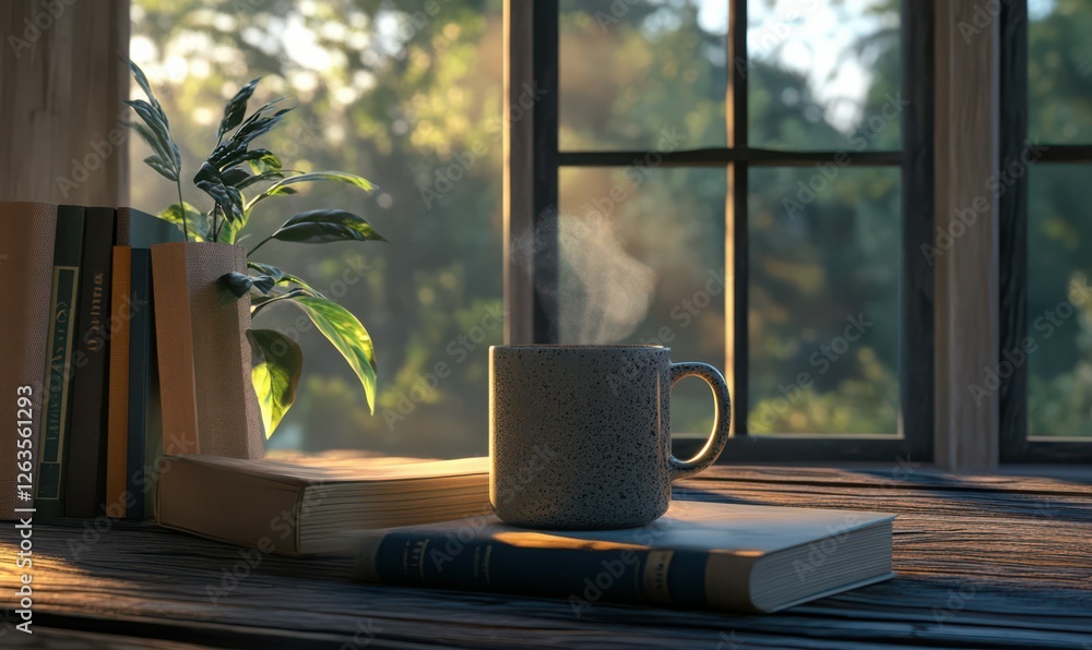 Poster steaming coffee mug on a wooden table with books and soft morning light streaming through an open wi