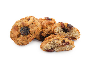 Delicious oatmeal cookies with dried cranberries and nuts isolated on white