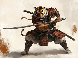 Concept of Powerful Tiger Samurai Warrior. Fierce Armored Beast with Katanas - Japanese Myth & Fantasy