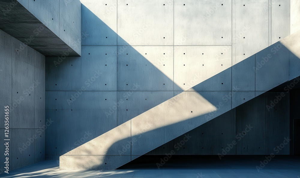 Poster stylish architectural rendering with high contrast shadows and concrete surfaces.