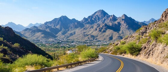 Fototapeta premium Mountain road trip, scenic valley view. Travel poster