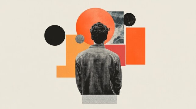 Man contemplating abstract art, beige background; website design