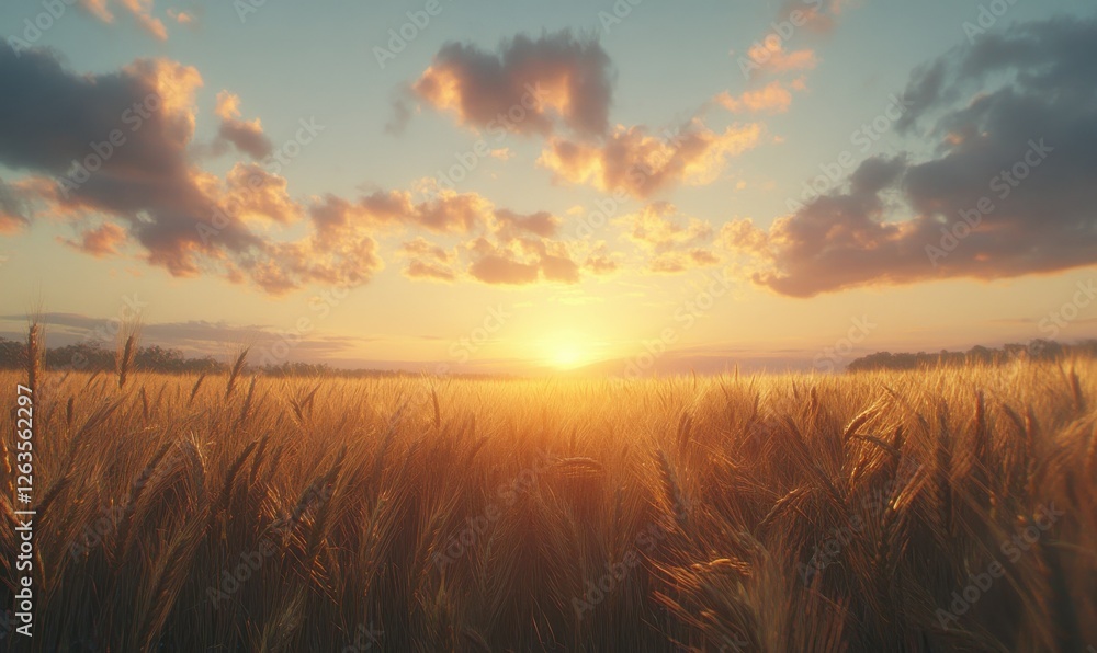 Poster sunset glow reflecting over golden wheat fields swaying in the breeze, styled to capture the peacefu
