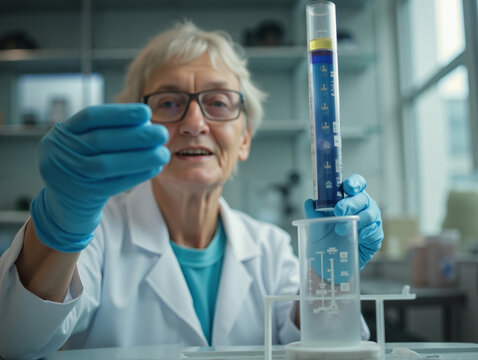 Female Scientist in Lab Conducting Experiment with Blue Liquid in Graduated Cylinder and Beaker Wearing Blue Gloves and Glasses