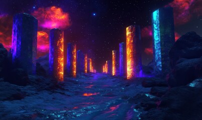 Surreal futuristic city glowing with vibrant neon lights under a dark and vivid night sky.