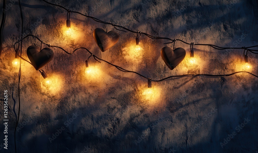 Aufkleber twinkling string of heart-shaped lights casting gentle shadows on a textured wall, creating a romant