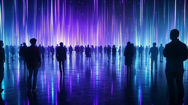 Futuristic digital environment with silhouettes of people standing under glowing vertical light beams in a cyber world