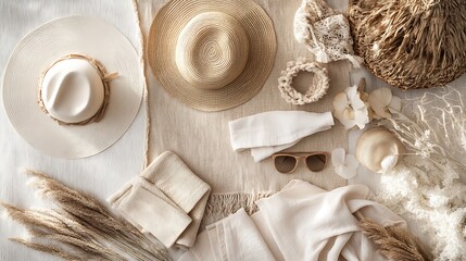 Whiter organized capsule wardrobe featuring pale ,white, beige, and grey tones,with clean white background and soft-textured overlay texture,A white embroidered baby outfit laid out on a white surface