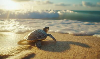 Obraz premium Tiny sea turtle crawling on golden sand toward the ocean, with gentle waves in the background creating a heartwarming wildlife scene