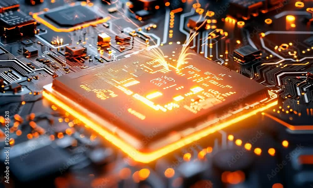 Poster close up of a microchip circuit interior of a computer with neon lights in detail, circuit board