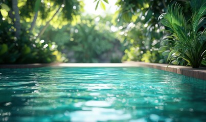 Fototapeta premium Vibrant poolside scene with refreshing turquoise water and lush greenery, evoking relaxation and summer vibes.
