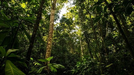 Fototapeta premium A lush and dense tropical forest with tall trees and vibrant green foliage creating a serene and immersive environment
