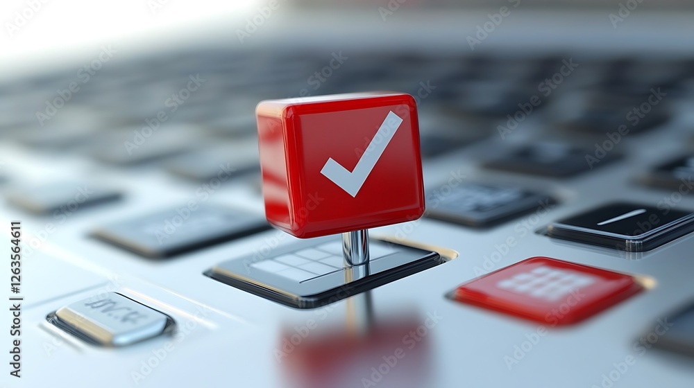 Poster red cube with checkmark on a metallic keypad, signifying approval, confirmation, or completion.