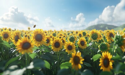 Fototapeta premium Vibrant sunflower field stretching towards the horizon under a bright summer sky, with a lone bee buzzing among the blooms.