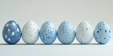 Decorative blue easter eggs arranged in a row with various patterns and shades on a neutral background