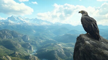 Fototapeta premium Eagle Perched on a Cliff with Mountains in the Distance