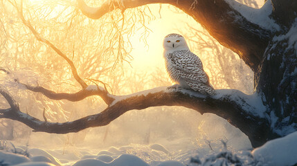 A snowy owl perched on the branch of an old tree
