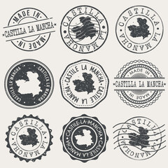 Obraz premium Castile-La Mancha, Spain Set of Stamps. Country Travel Marks. Made In Product. Design Seals Old Style Insignia.
