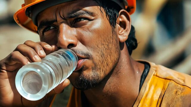 Tired construction worker drinking water under the sun. High quality 4k footage