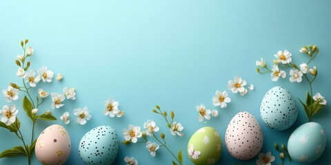 Colorful Easter eggs arranged with decorative flowers on a light blue background during springtime celebration