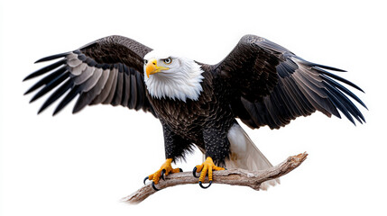 Fototapeta premium Majestic Bald Eagle with Outstretched Wings Perched on a Branch Isolated Against a White Background for Nature and Wildlife Photography