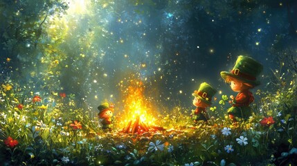 Magical forest glade, kids, campfire, glowing, fantasy,  children's illustration, happy, peaceful