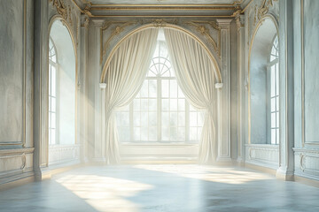 Elegant generative ai depiction of a bright, empty room with ornate classical architecture and large windows letting in sunlight