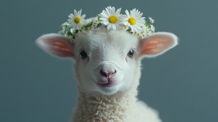 Fototapeta premium adorable lamb close-up wearing a small floral wreath on head made of spring flowers such as daisies