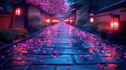 Pink blossom path at night, rain, lanterns, Japan, aesthetic, tranquil, perfect for prints, social media
