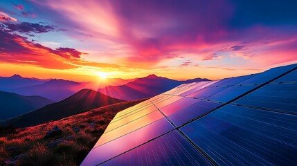 sunrise in the mountains with solar panel on home