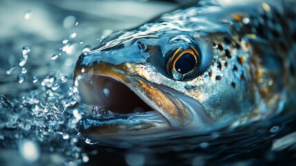 A fish approaches the water surface, feeding with its mouth open. The intricate scales glisten as droplets surround it, highlighting the beauty of aquatic life and feeding behavior.